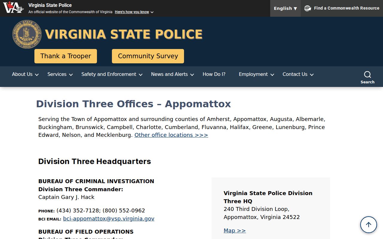 Appomattox County arrest warrant service area and Virginia State Police office
