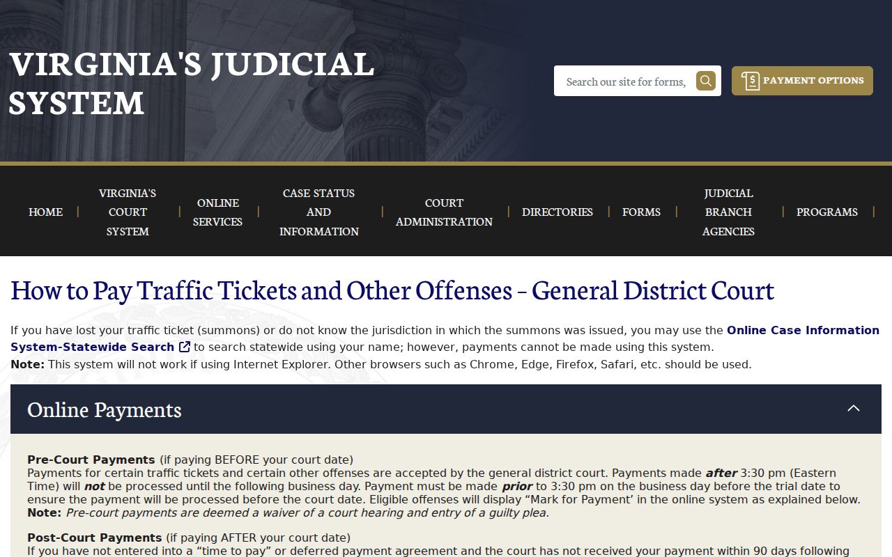 Appomattox County traffic warrant search and General District Court payment instructions