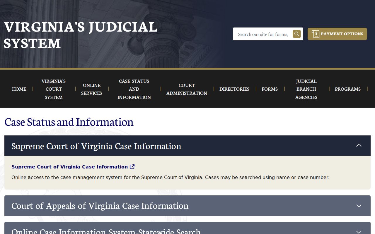 Appomattox County active warrant records and the Virginia statewide case information page